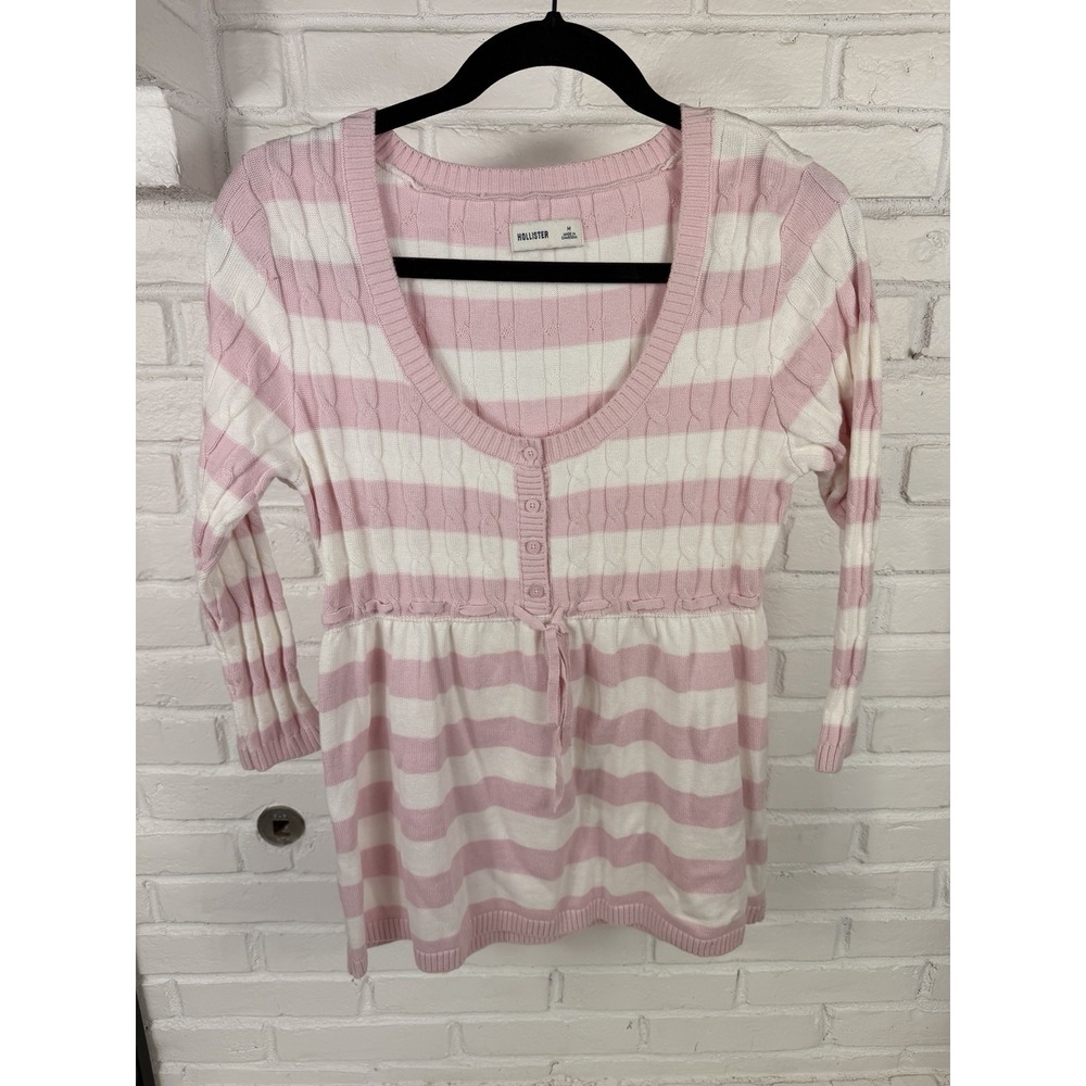 Hollister Womens M Pink White Cable Knit Babydoll Sweater Top Y2K Coquette